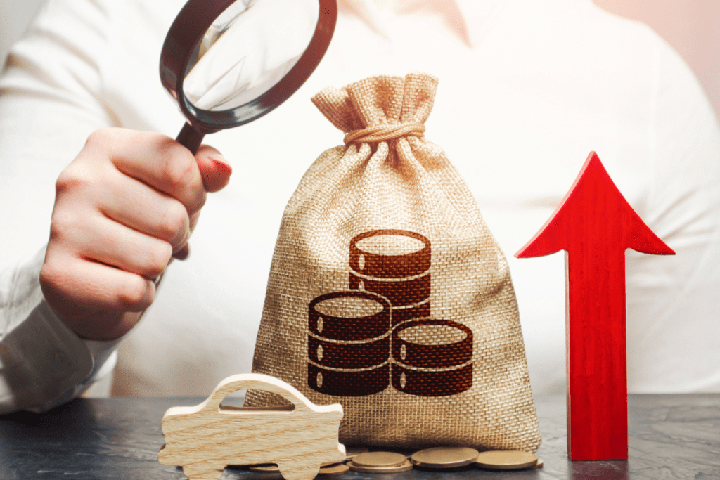 A woman holding a bag with coins and a magnifying glass.