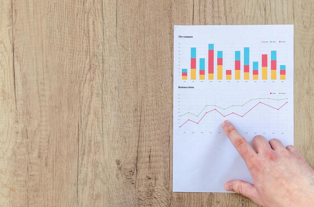 Analyzing business data with colorful bar charts and line graphs on a wooden table.