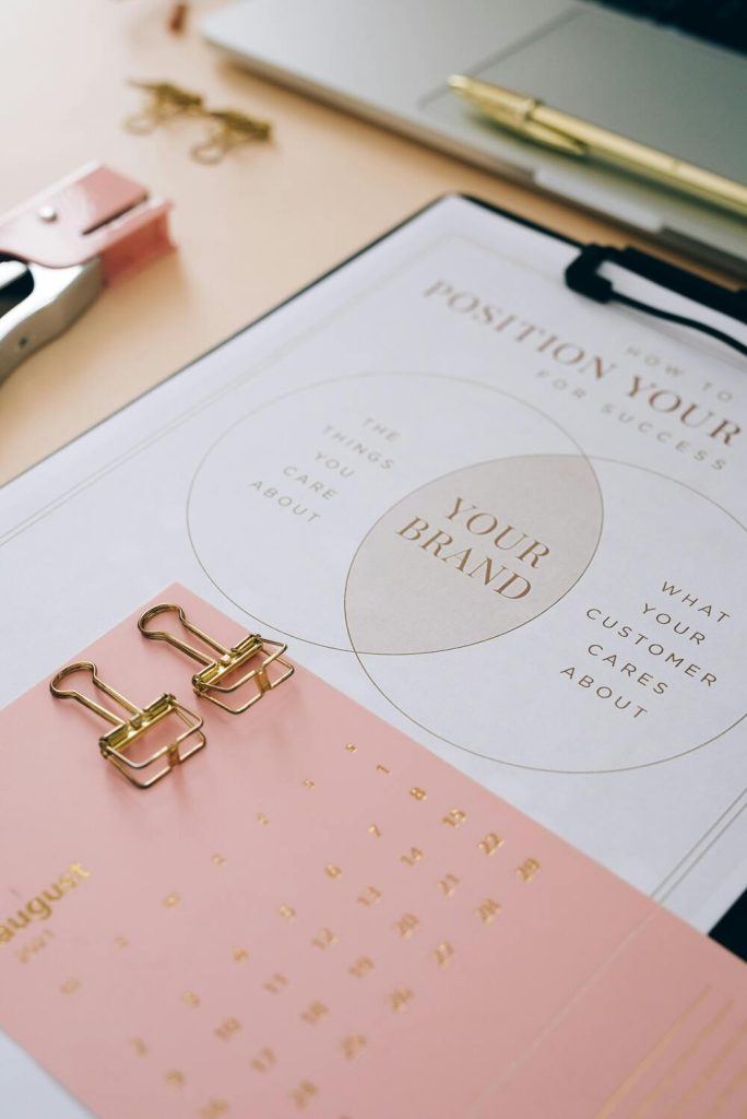 Branding strategy on clipboard with gold clips and laptop on a desk.