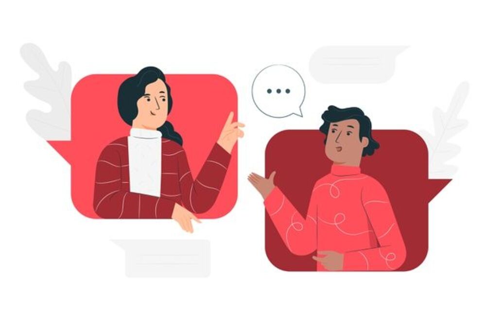 Two people engaging in a lively conversation, illustration with speech bubbles and red accents.